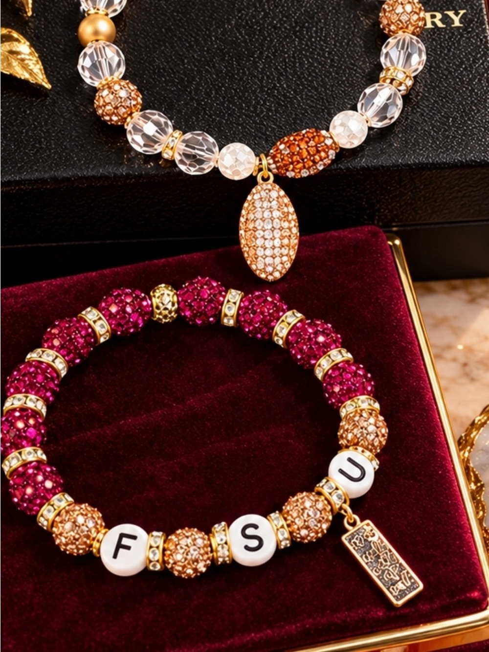 Personalized hand bedazzled Stretch Bracelet with Gold Accents; FSU GAME DAY!!!